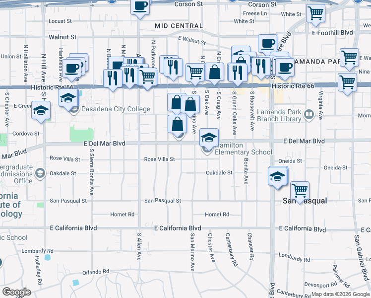 map of restaurants, bars, coffee shops, grocery stores, and more near 254 South Berkeley Avenue in Pasadena