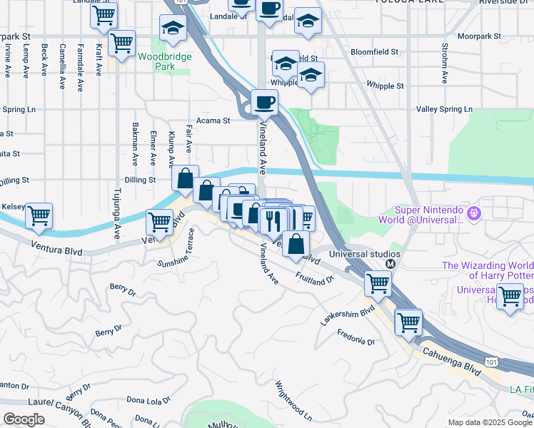 map of restaurants, bars, coffee shops, grocery stores, and more near 10978 Bluffside Drive in Los Angeles