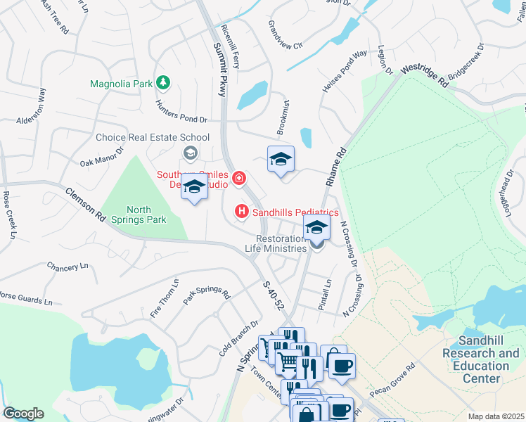 map of restaurants, bars, coffee shops, grocery stores, and more near 102 Summit Parkway in Columbia