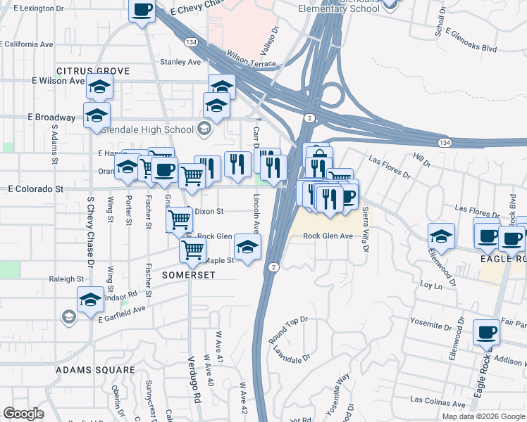 map of restaurants, bars, coffee shops, grocery stores, and more near 404 Lincoln Avenue in Glendale