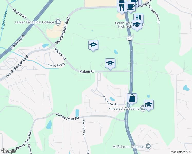 map of restaurants, bars, coffee shops, grocery stores, and more near 1825 Brannon Commons Circle in Cumming
