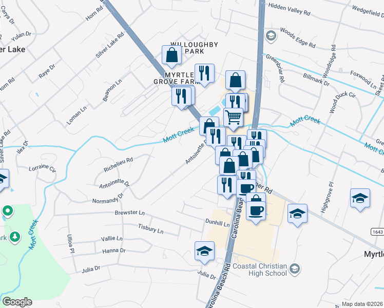 map of restaurants, bars, coffee shops, grocery stores, and more near 36 Antoinette Drive in Wilmington