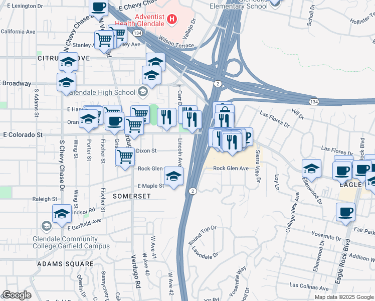 map of restaurants, bars, coffee shops, grocery stores, and more near 404 Lincoln Avenue in Glendale