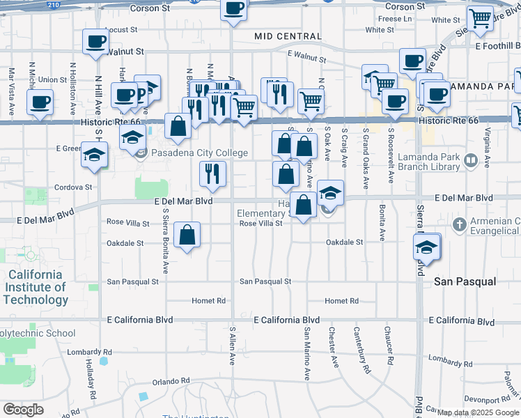 map of restaurants, bars, coffee shops, grocery stores, and more near 250 South Parkwood Avenue in Pasadena