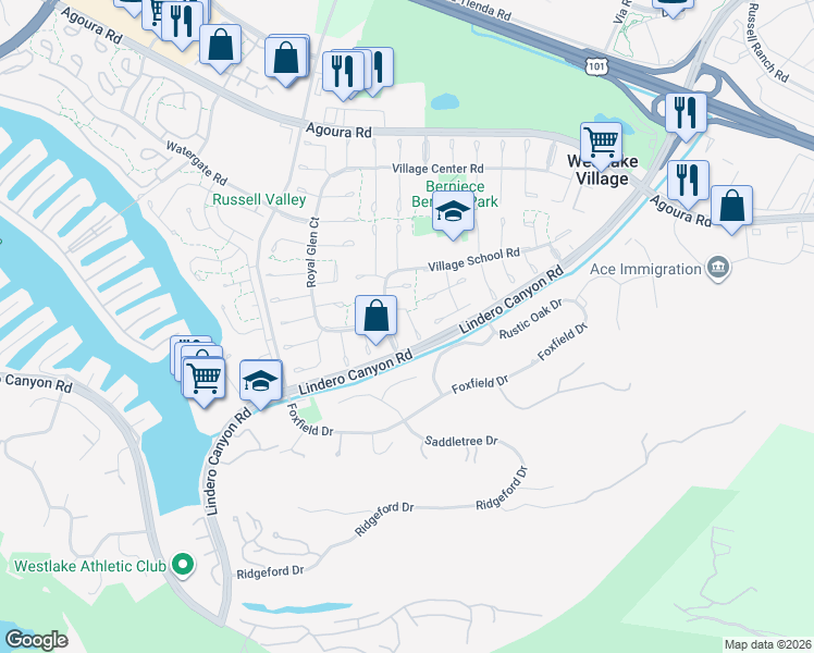 map of restaurants, bars, coffee shops, grocery stores, and more near 31720 Kentfield Court in Westlake Village