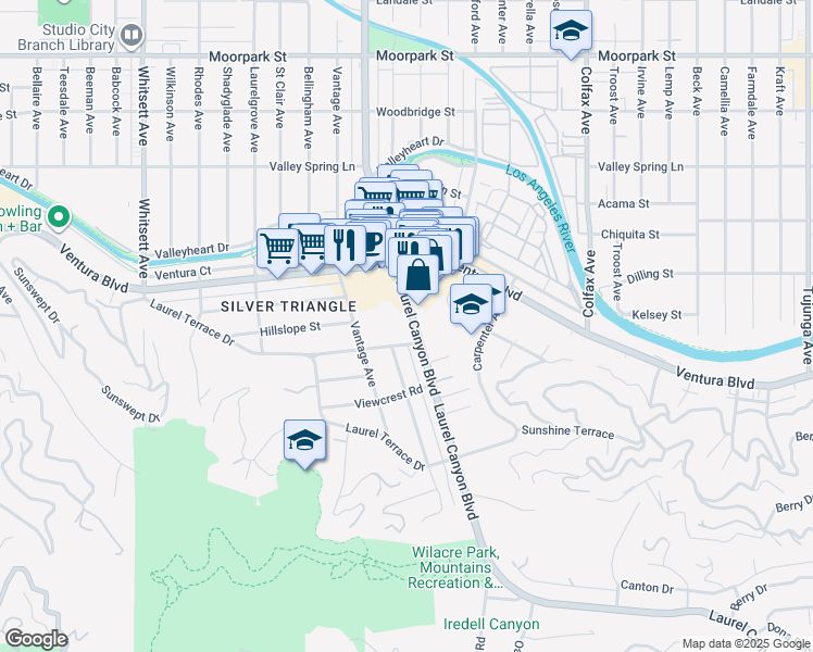 map of restaurants, bars, coffee shops, grocery stores, and more near 3921 Laurel Canyon Boulevard in Los Angeles