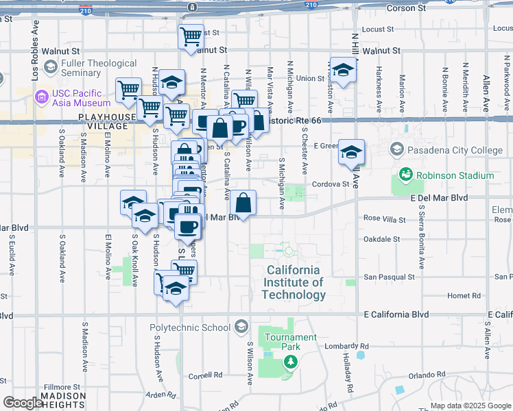 map of restaurants, bars, coffee shops, grocery stores, and more near 1127 East Del Mar Boulevard in Pasadena