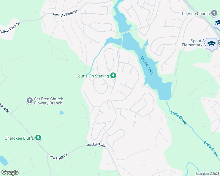 map of restaurants, bars, coffee shops, grocery stores, and more near 7450 Fireside Lane in Flowery Branch