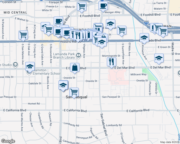 map of restaurants, bars, coffee shops, grocery stores, and more near 267 South Vinedo Avenue in Pasadena