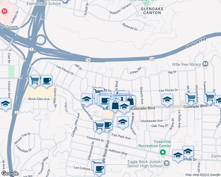map of restaurants, bars, coffee shops, grocery stores, and more near 5208 Rockland Avenue in Los Angeles
