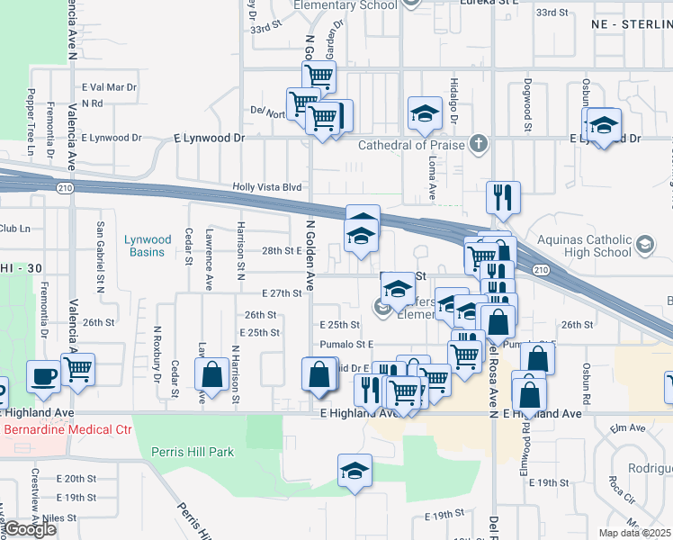 map of restaurants, bars, coffee shops, grocery stores, and more near 1226 East Date Street in San Bernardino