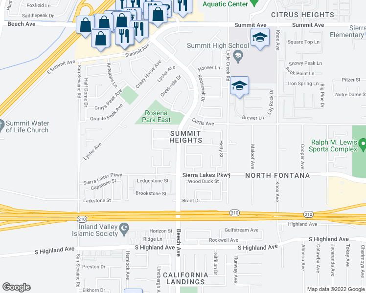 map of restaurants, bars, coffee shops, grocery stores, and more near 6188 Chantel Drive in Fontana