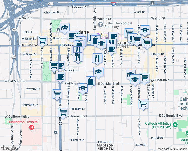 map of restaurants, bars, coffee shops, grocery stores, and more near 253 South Los Robles Avenue in Pasadena