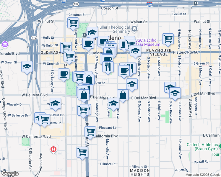 map of restaurants, bars, coffee shops, grocery stores, and more near 330 Cordova Street in Pasadena