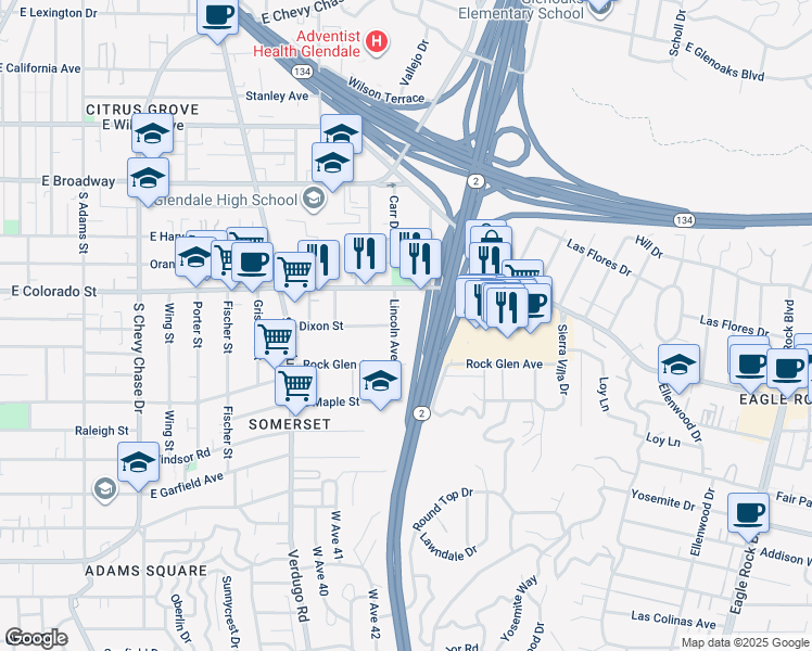 map of restaurants, bars, coffee shops, grocery stores, and more near 404 Lincoln Avenue in Glendale