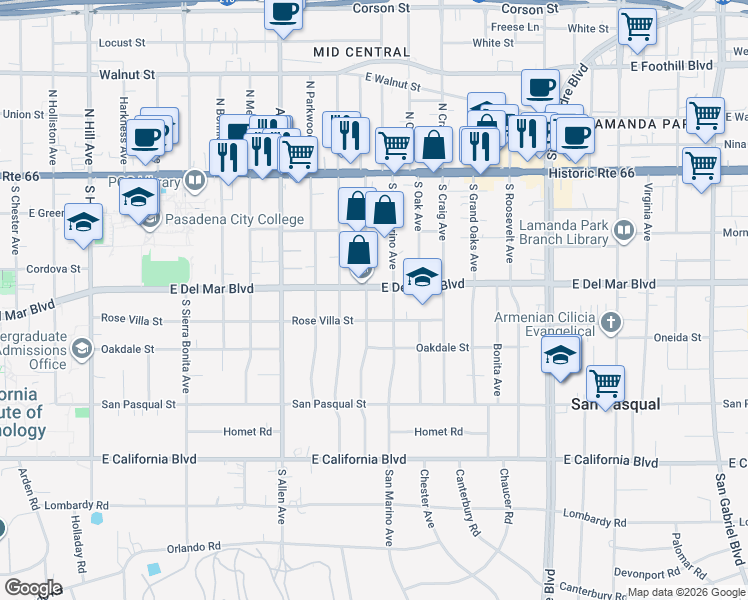 map of restaurants, bars, coffee shops, grocery stores, and more near 254 South Berkeley Avenue in Pasadena