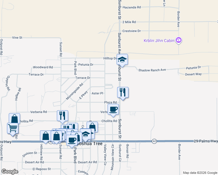 map of restaurants, bars, coffee shops, grocery stores, and more near 6117 Valley View Street in Joshua Tree