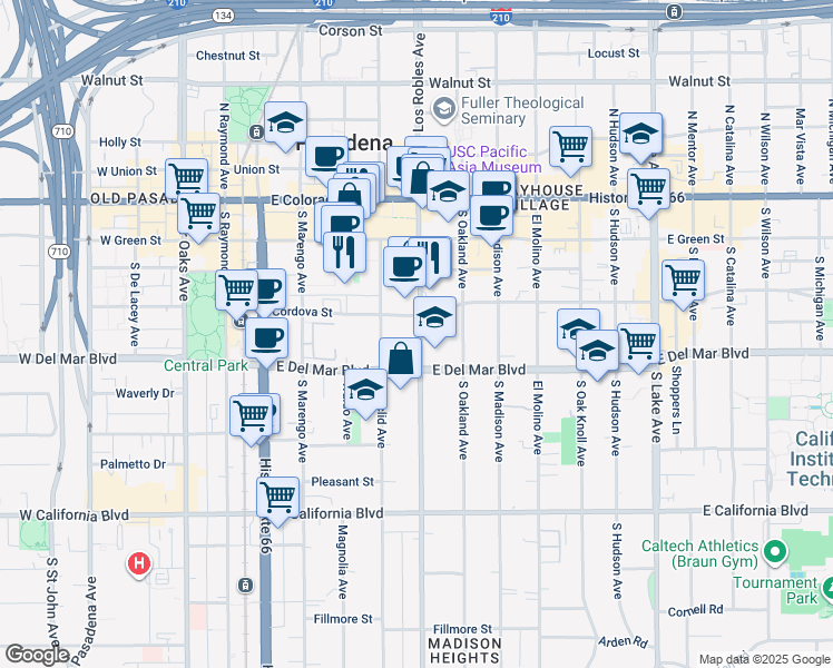 map of restaurants, bars, coffee shops, grocery stores, and more near 253 South Los Robles Avenue in Pasadena