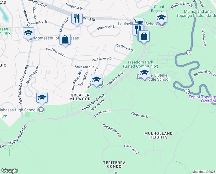 map of restaurants, bars, coffee shops, grocery stores, and more near 22534 Liberty Bell Road in Calabasas
