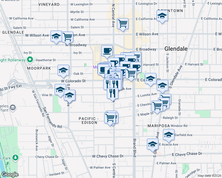 map of restaurants, bars, coffee shops, grocery stores, and more near 403 South Central Avenue in Glendale