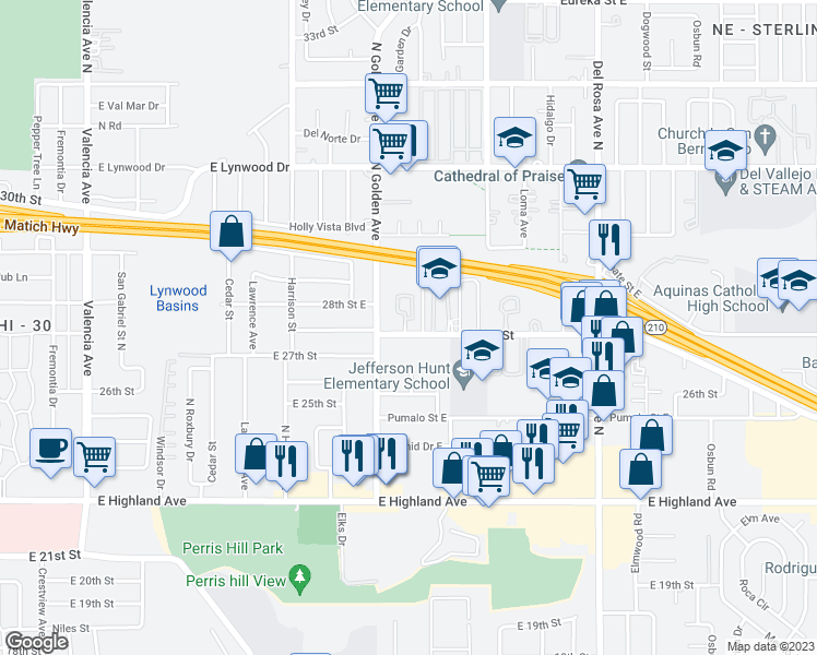 map of restaurants, bars, coffee shops, grocery stores, and more near 1226 East Date Street in San Bernardino