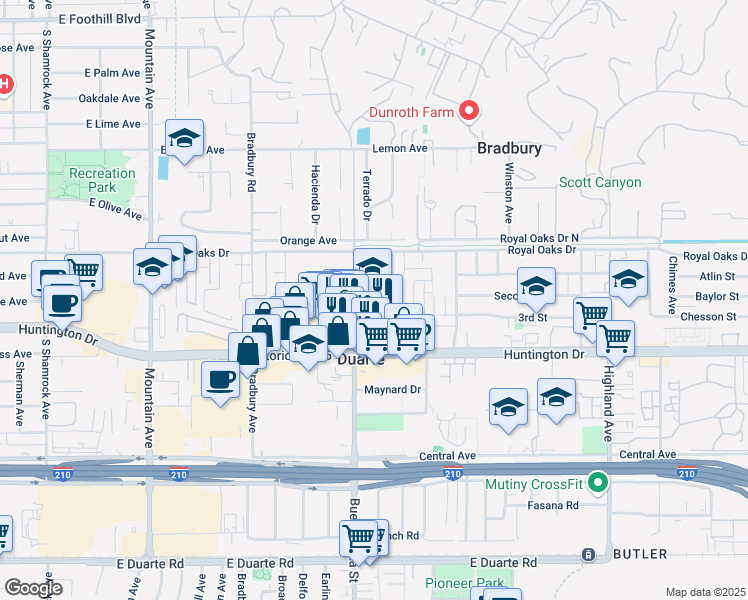 map of restaurants, bars, coffee shops, grocery stores, and more near 932 Buena Vista Street in Duarte