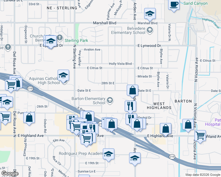 map of restaurants, bars, coffee shops, grocery stores, and more near 25940 Date Street East in San Bernardino