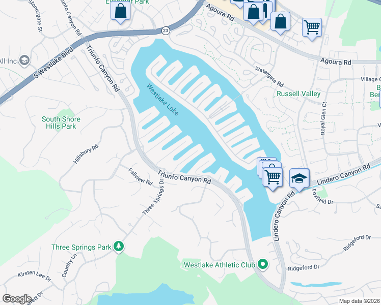 map of restaurants, bars, coffee shops, grocery stores, and more near 3827 Bowsprit Circle in Westlake Village
