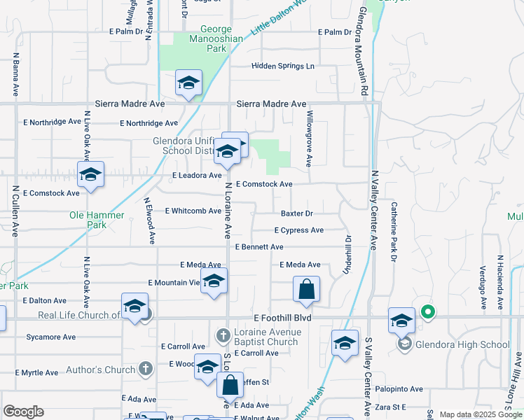 map of restaurants, bars, coffee shops, grocery stores, and more near 402 Humphreys Way in Glendora