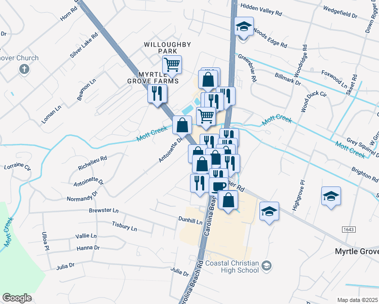 map of restaurants, bars, coffee shops, grocery stores, and more near 5310 Carolina Beach Road in Wilmington