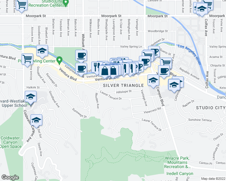 map of restaurants, bars, coffee shops, grocery stores, and more near 12307 Hillslope Street in Los Angeles