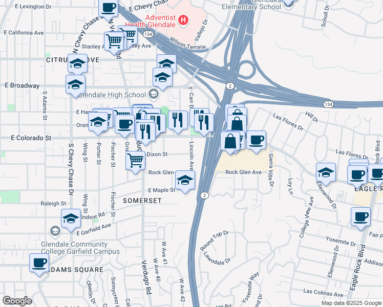 map of restaurants, bars, coffee shops, grocery stores, and more near 404 Lincoln Avenue in Glendale