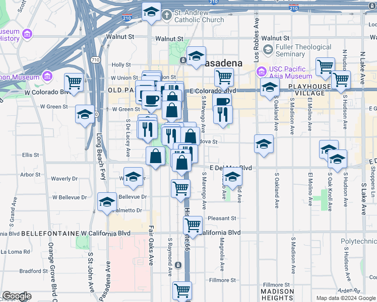 map of restaurants, bars, coffee shops, grocery stores, and more near 238 South Arroyo Parkway in Pasadena