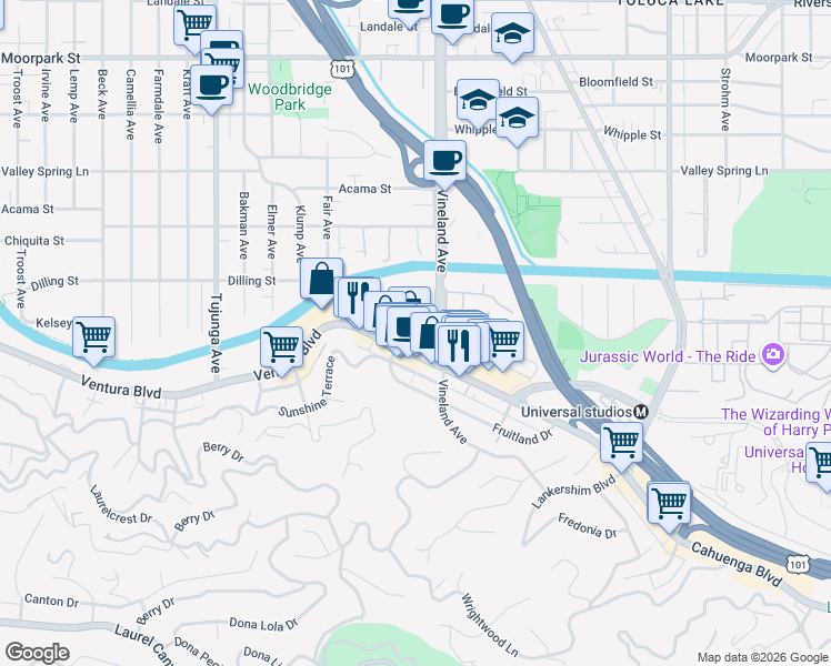 map of restaurants, bars, coffee shops, grocery stores, and more near 4040 Arch Drive in Los Angeles
