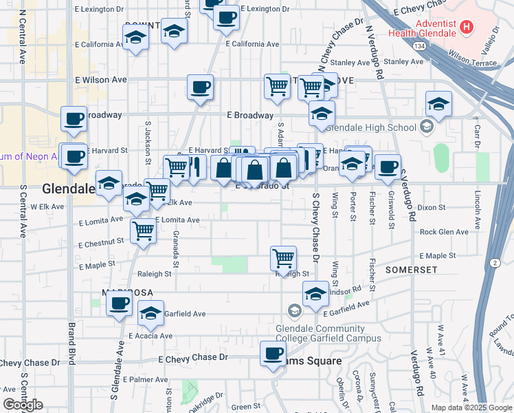 map of restaurants, bars, coffee shops, grocery stores, and more near 914 East Elk Avenue in Glendale