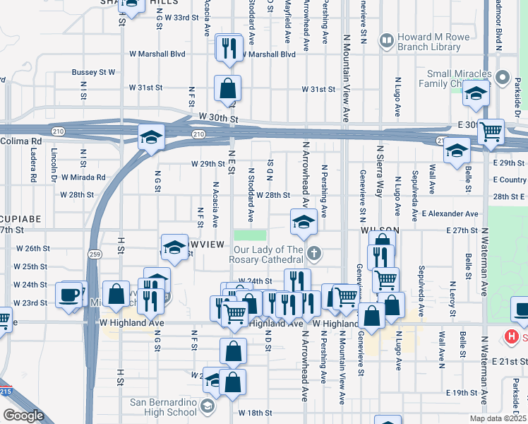 map of restaurants, bars, coffee shops, grocery stores, and more near 2748 North D Street in San Bernardino