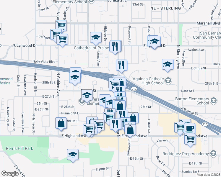 map of restaurants, bars, coffee shops, grocery stores, and more near 1560 East Date Street in San Bernardino