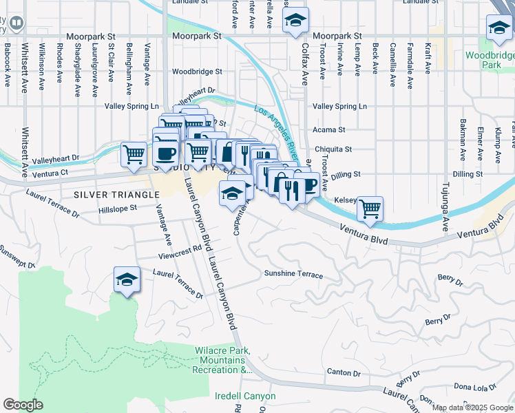 map of restaurants, bars, coffee shops, grocery stores, and more near 11851 Laurelwood Drive in Los Angeles