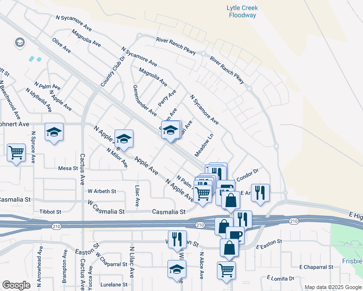 map of restaurants, bars, coffee shops, grocery stores, and more near 2497 Riverside Avenue in Rialto