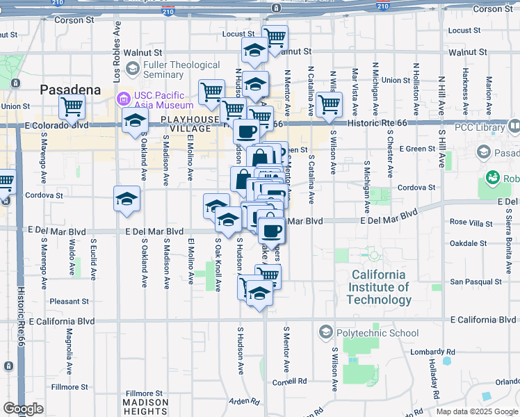 map of restaurants, bars, coffee shops, grocery stores, and more near 251 South Lake Avenue in Pasadena