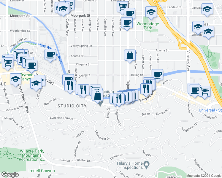map of restaurants, bars, coffee shops, grocery stores, and more near 4057 Farmdale Avenue in Los Angeles