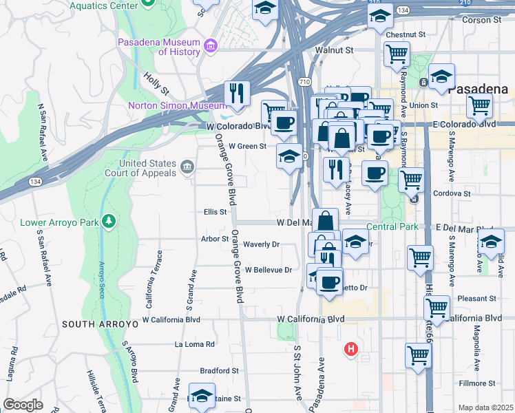map of restaurants, bars, coffee shops, grocery stores, and more near 232 Orange Grove Boulevard in Pasadena