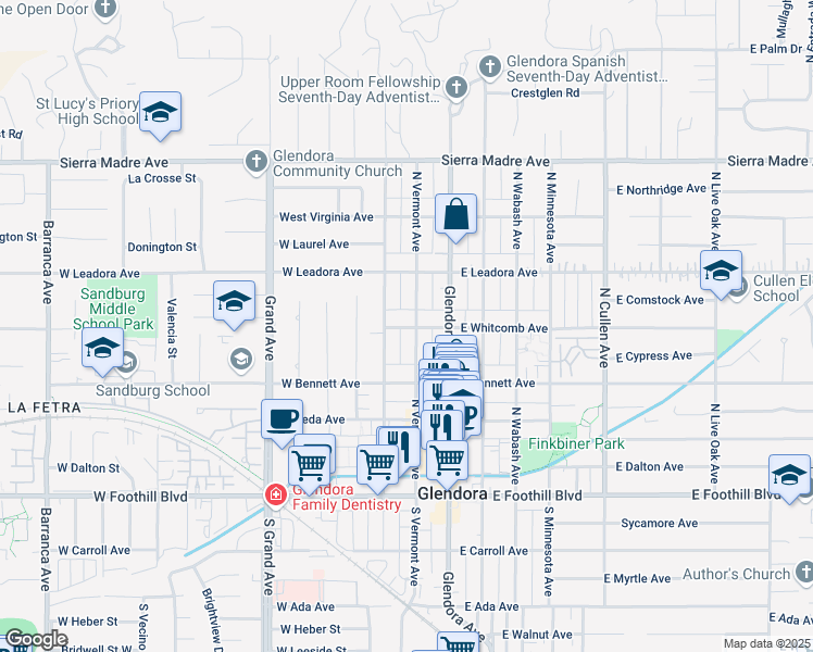 map of restaurants, bars, coffee shops, grocery stores, and more near 207 West Whitcomb Avenue in Glendora