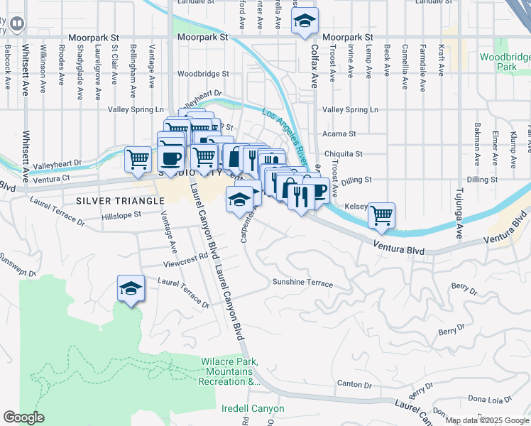 map of restaurants, bars, coffee shops, grocery stores, and more near 11851 Laurelwood Drive in Los Angeles