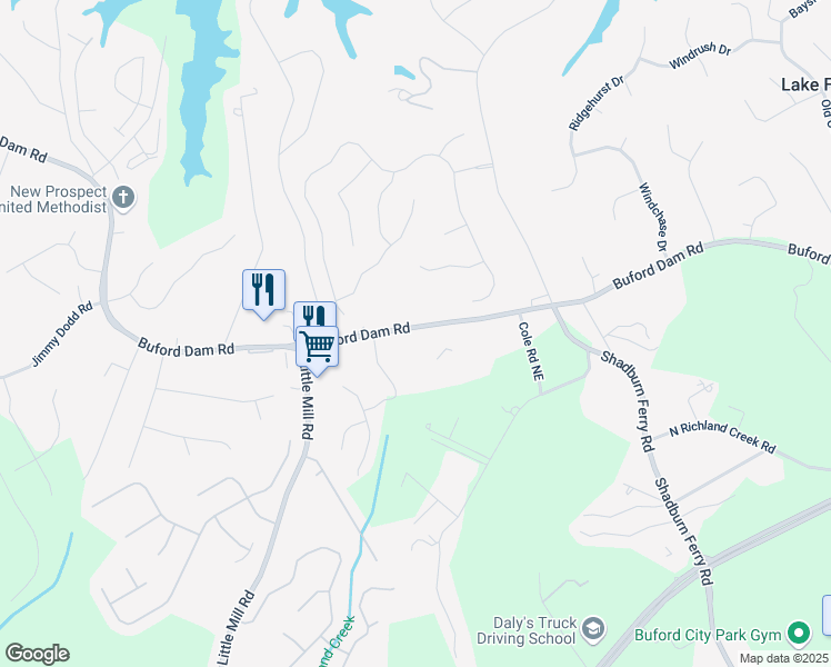map of restaurants, bars, coffee shops, grocery stores, and more near 2257 Buford Dam Road in Buford