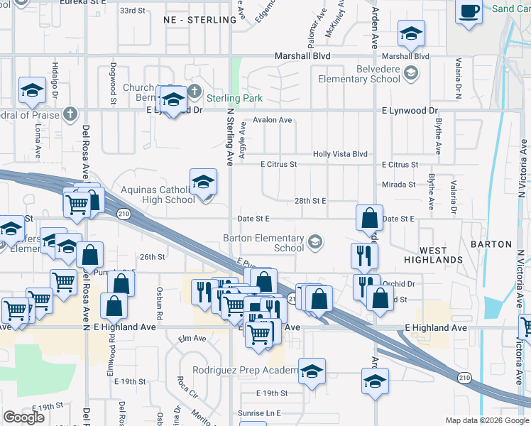 map of restaurants, bars, coffee shops, grocery stores, and more near 25800 Date Street East in San Bernardino