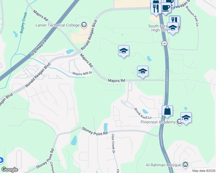 map of restaurants, bars, coffee shops, grocery stores, and more near 8185 Majors Glen Court in Cumming