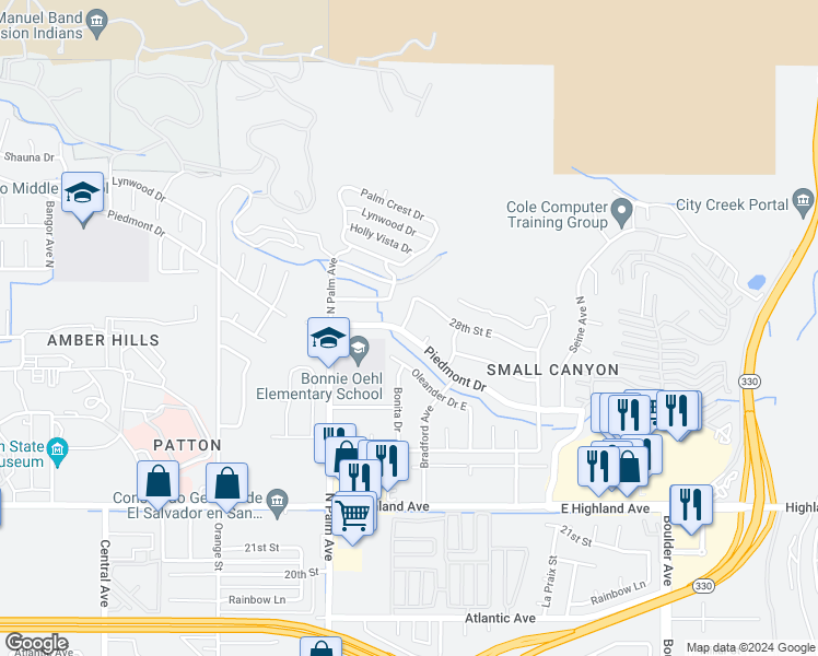 map of restaurants, bars, coffee shops, grocery stores, and more near 3740 Piedmont Drive in Highland