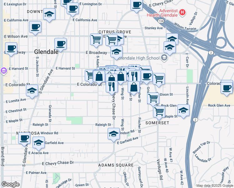 map of restaurants, bars, coffee shops, grocery stores, and more near 404 South Chevy Chase Drive in Glendale