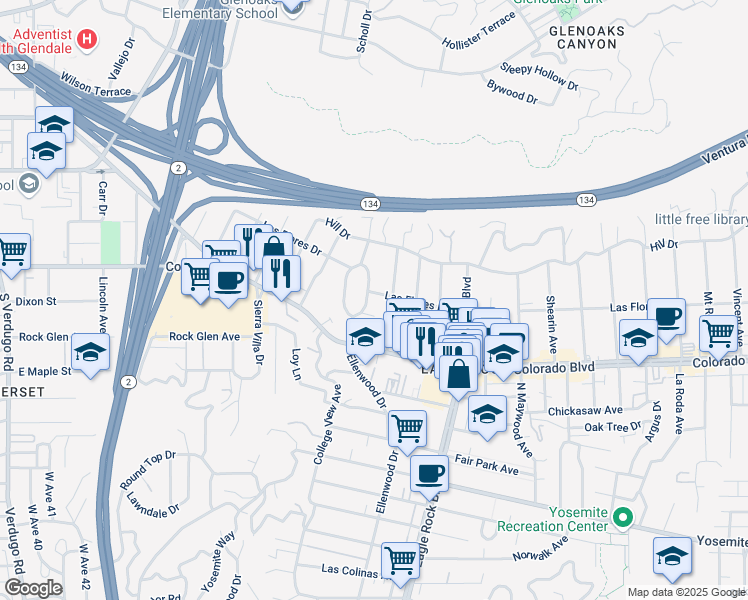 map of restaurants, bars, coffee shops, grocery stores, and more near 5220 Ellenwood Place in Los Angeles